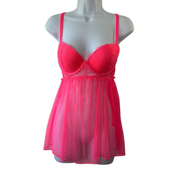 Victoria's Secret BRIGHT HOT PINK Lace Pushup Bra Babydoll Negligee 36C New - Picture 1 of 8